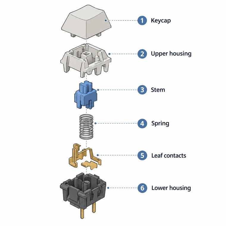 Isometric exploded view: six parts with numbered leaders — gpt-image-2.5-flare
