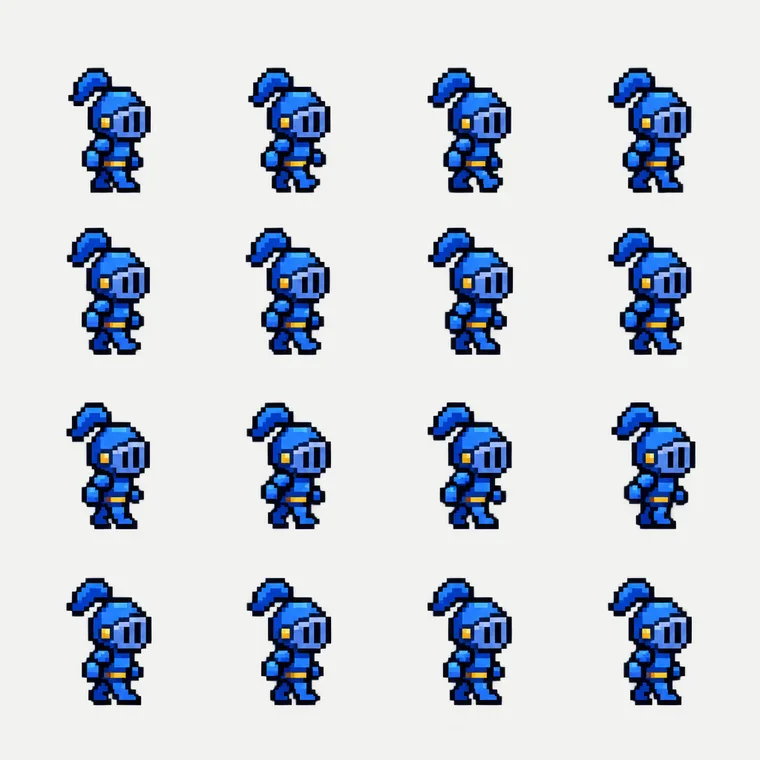 Sprite sheet: sixteen frames on a strict 4×4 grid — gpt-image-2.5-flare