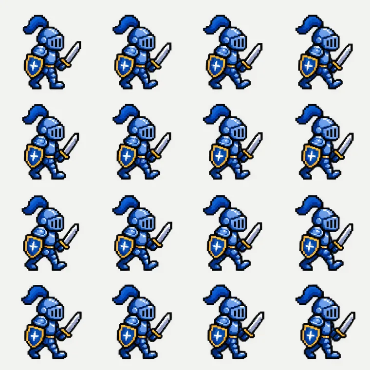 Sprite sheet: sixteen frames on a strict 4×4 grid — gpt-image-2.5-sunburst