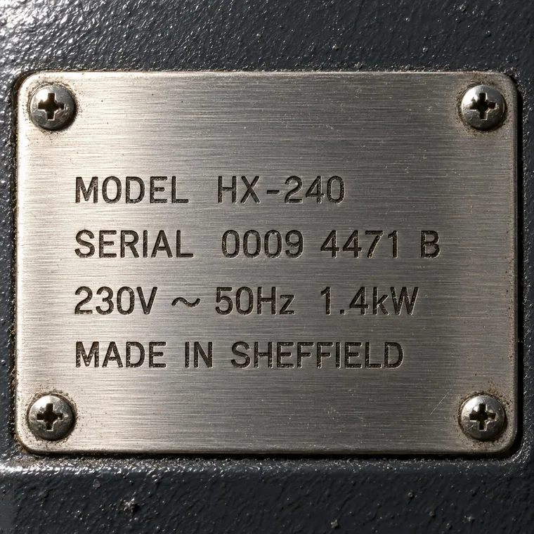 An equipment plate: laser etching on brushed steel — gpt-image-2.5-sunburst
