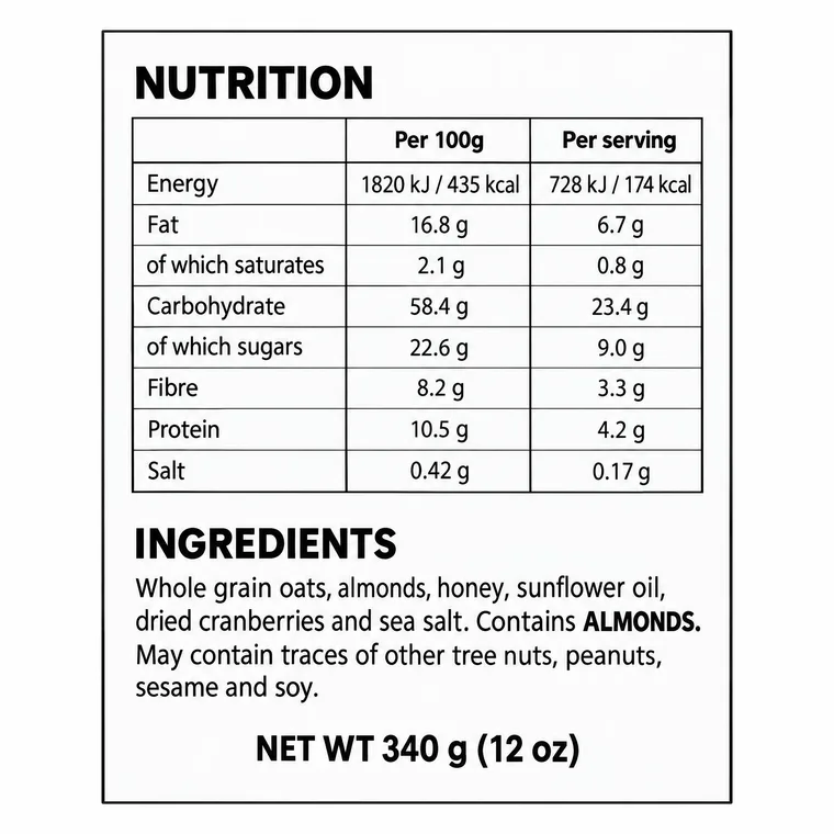 Packaging back panel: nutrition table, ingredients, bold allergen — gpt-image-2.5-flare