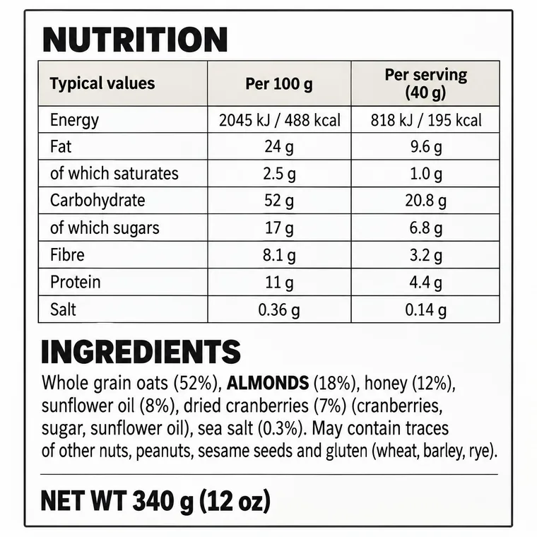 Packaging back panel: nutrition table, ingredients, bold allergen — gpt-image-2.5-sunburst