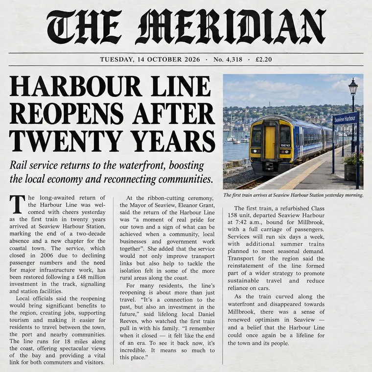 A newspaper front page: masthead, dateline, three columns — gpt-image-2.5-flare