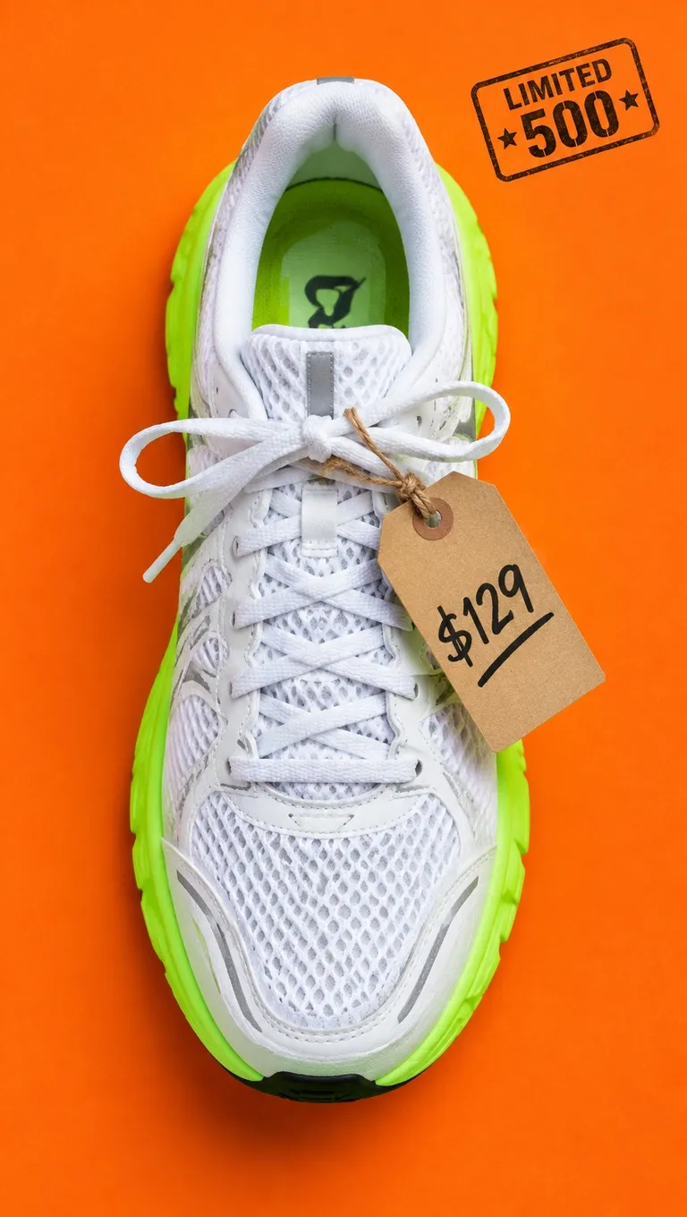 Sneaker flat-lay: hand-written price tag and a limited stamp — gpt-image-2.5-flare