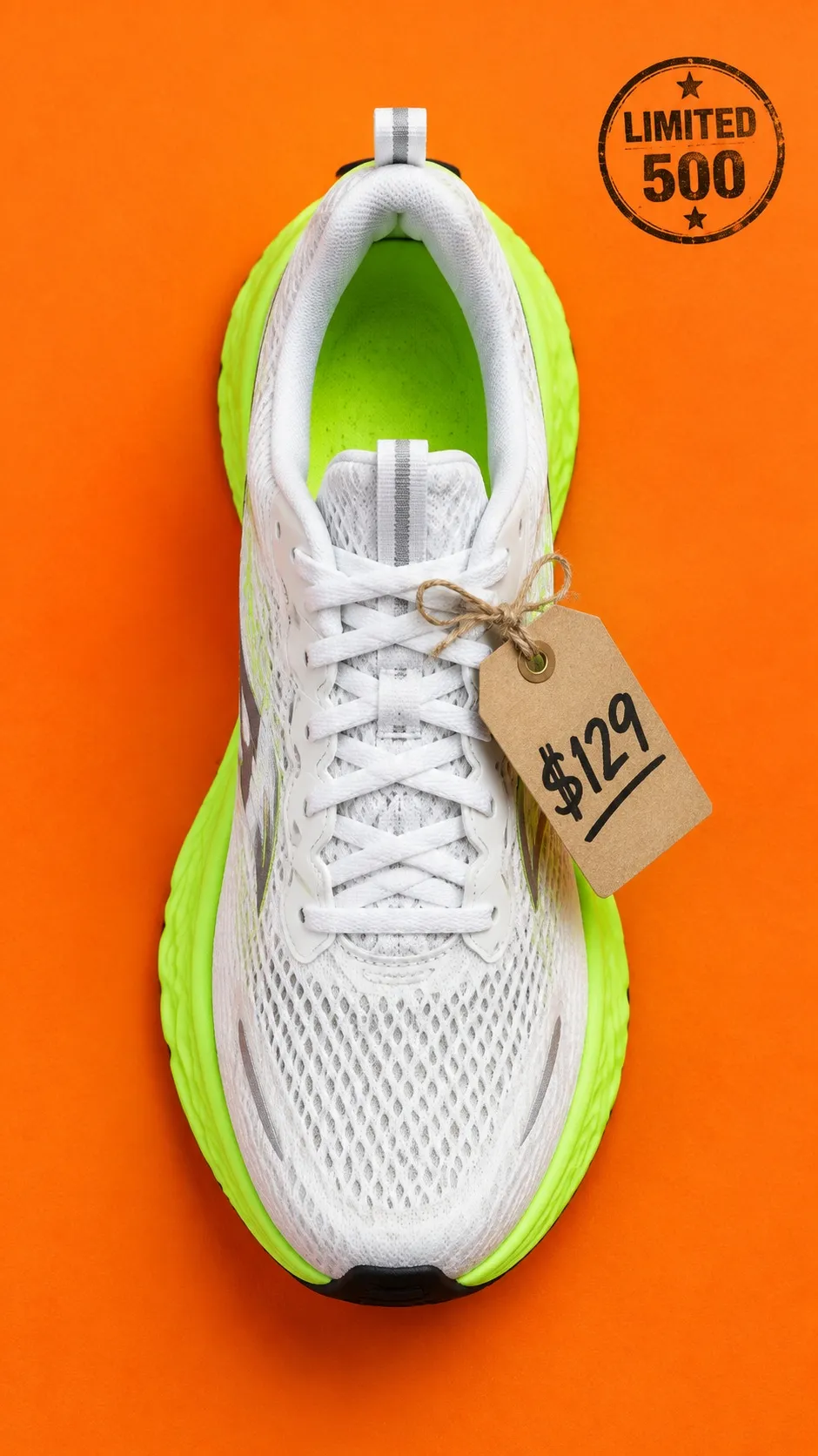 Sneaker flat-lay: hand-written price tag and a limited stamp — gpt-image-2.5-sunburst