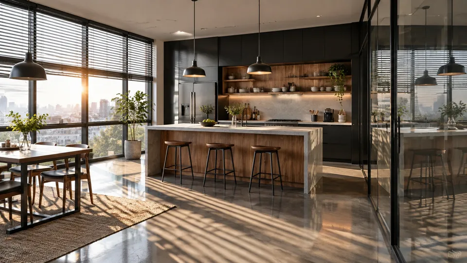 Glass-walled loft kitchen: blind stripes and reflections — gpt-image-2.5-flare