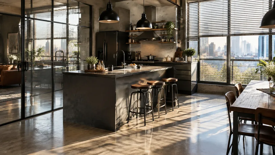 Glass-walled loft kitchen: blind stripes and reflections — gpt-image-2.5-sunburst