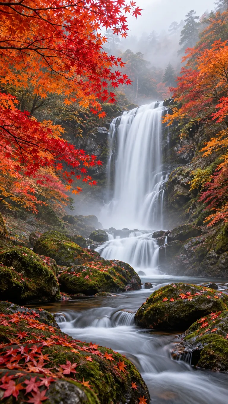 Autumn waterfall: fine foliage and long-exposure water — gpt-image-2.5-flare