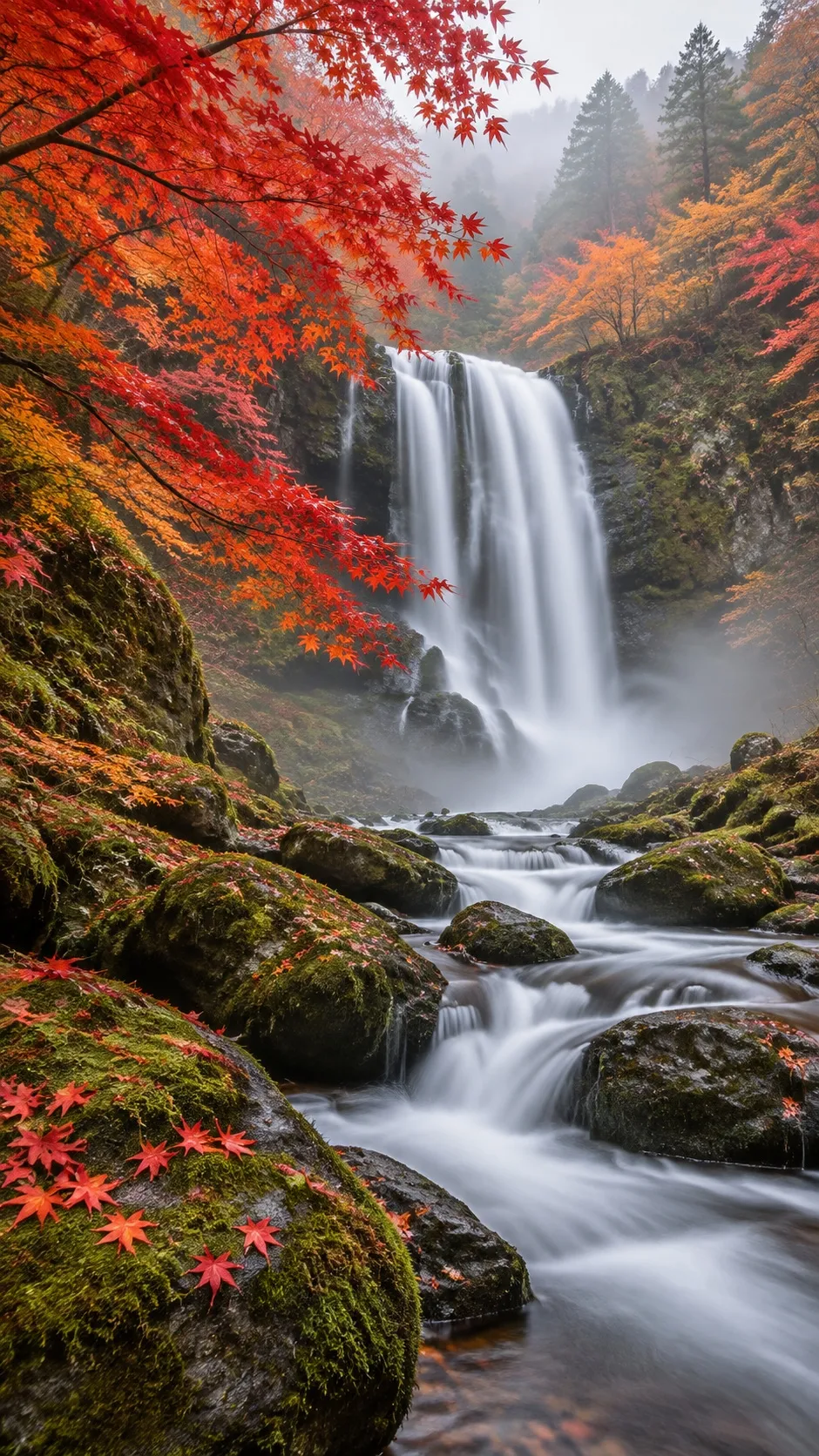 Autumn waterfall: fine foliage and long-exposure water — gpt-image-2.5-sunburst