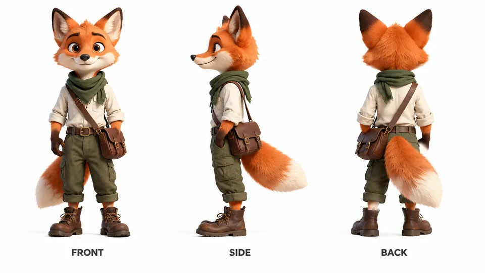 Character turnaround: one outfit, three views — gpt-image-2.5-flare