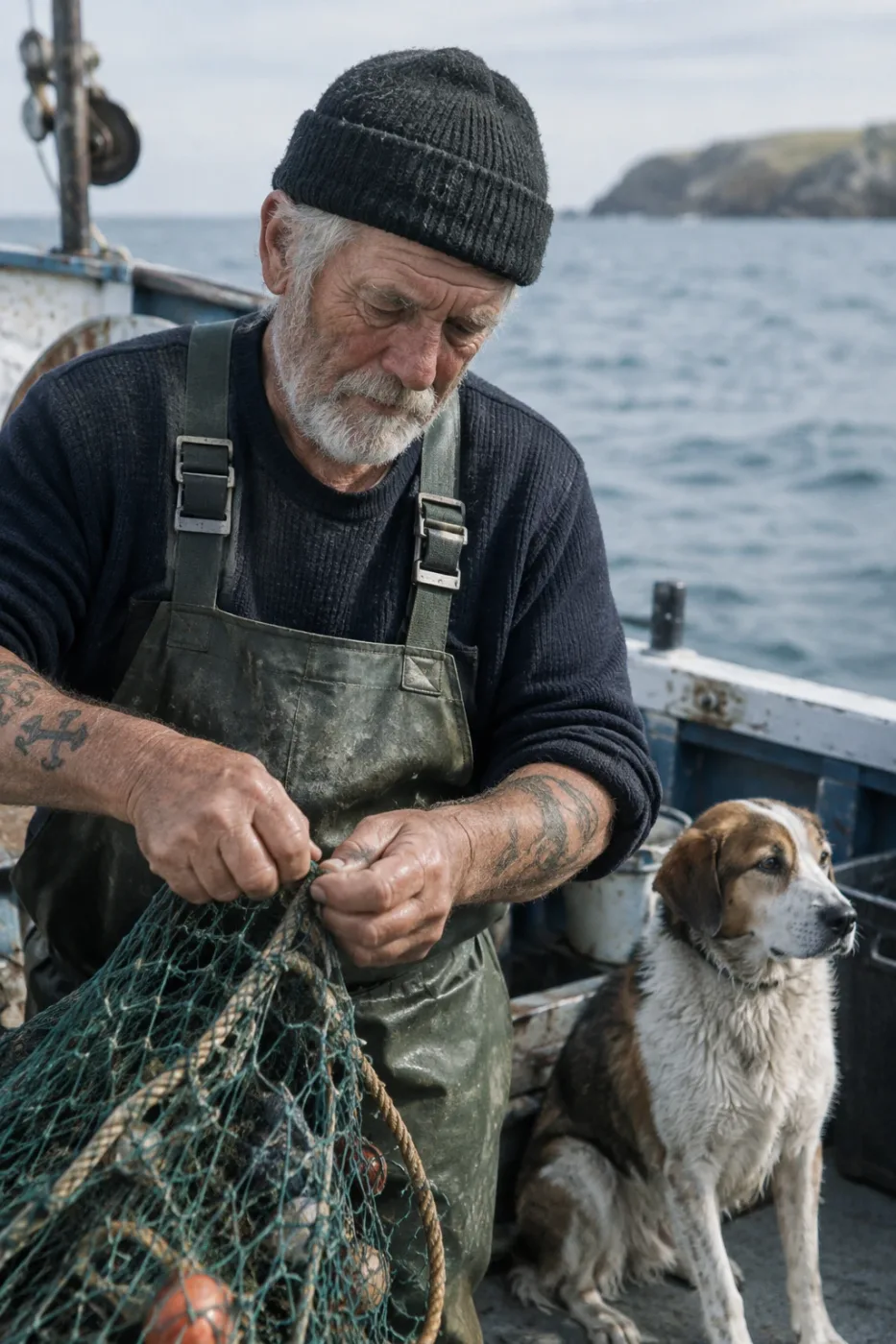 Weathered sailor on a fishing boat