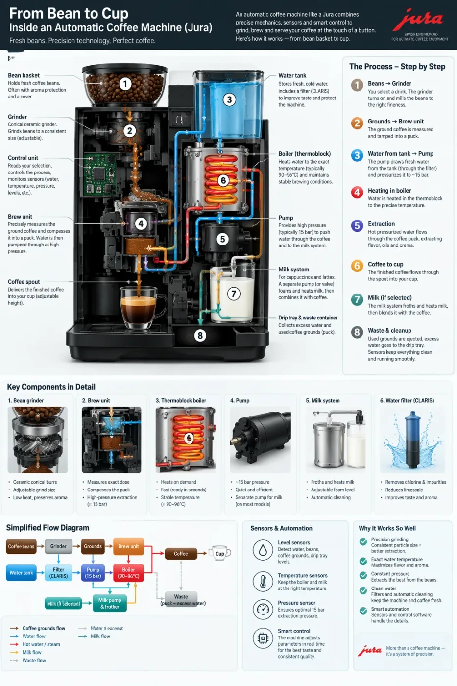 Automatic coffee machine workflow infographic