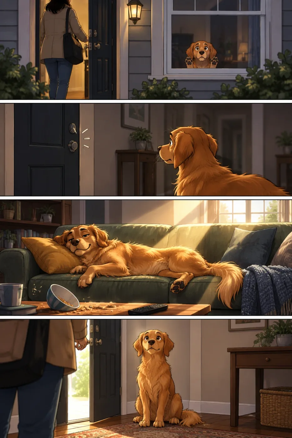 Four-panel comic: pets home alone