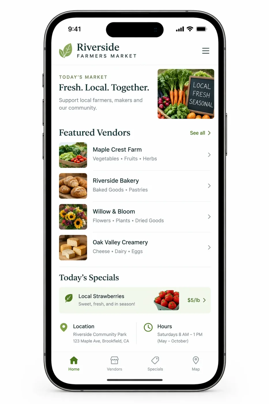 Farmers market mobile app interface