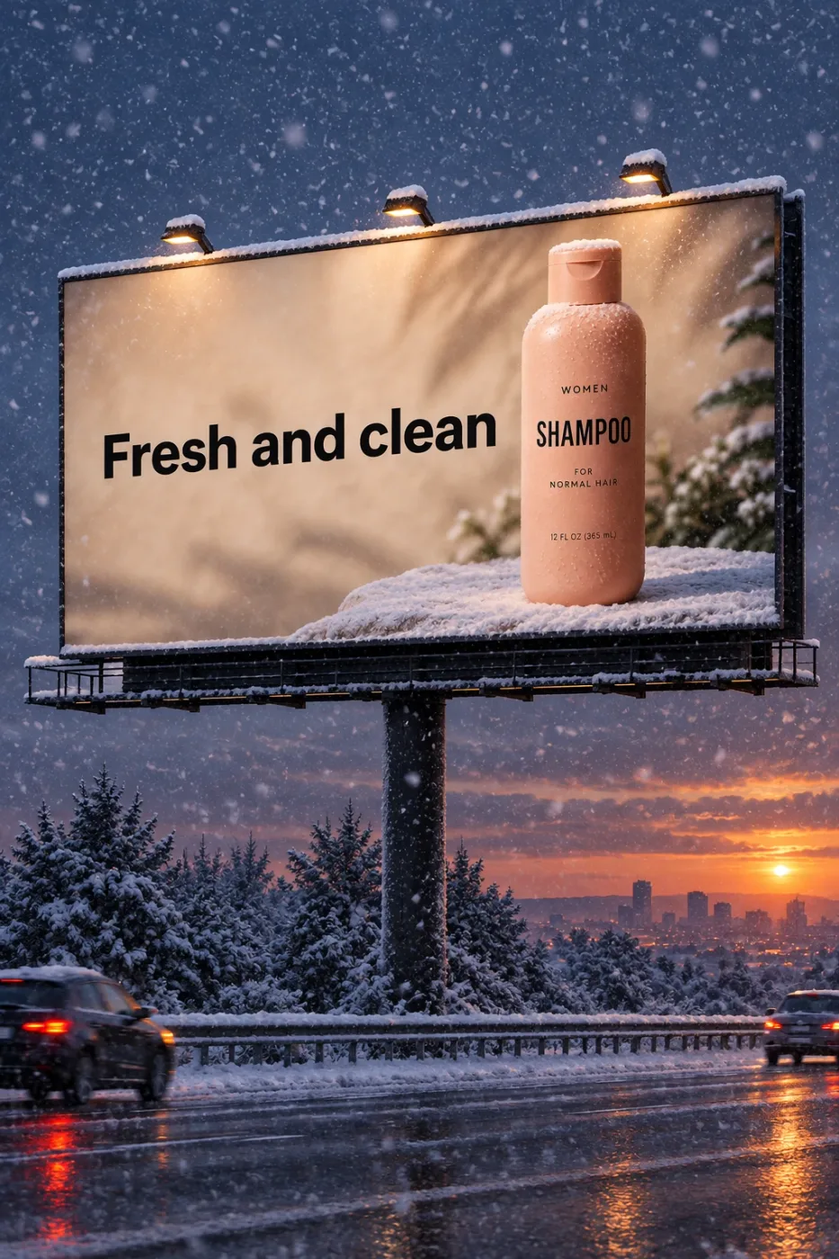 Change the billboard to a snowy winter night
