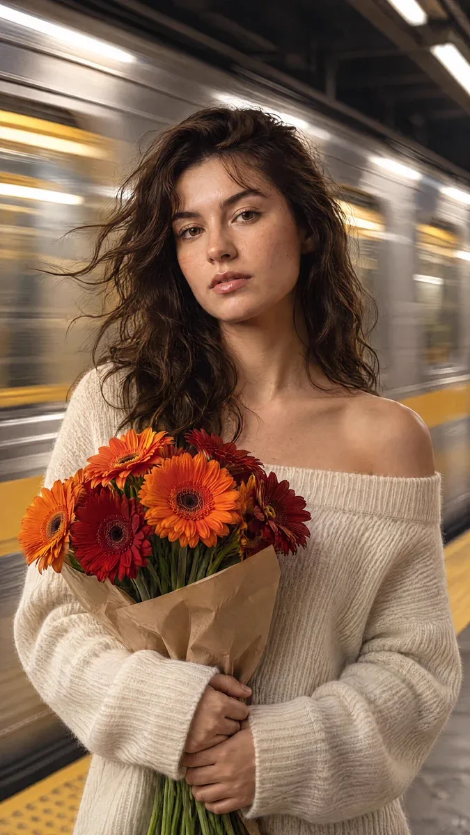 Subway platform portrait with a train streaking past