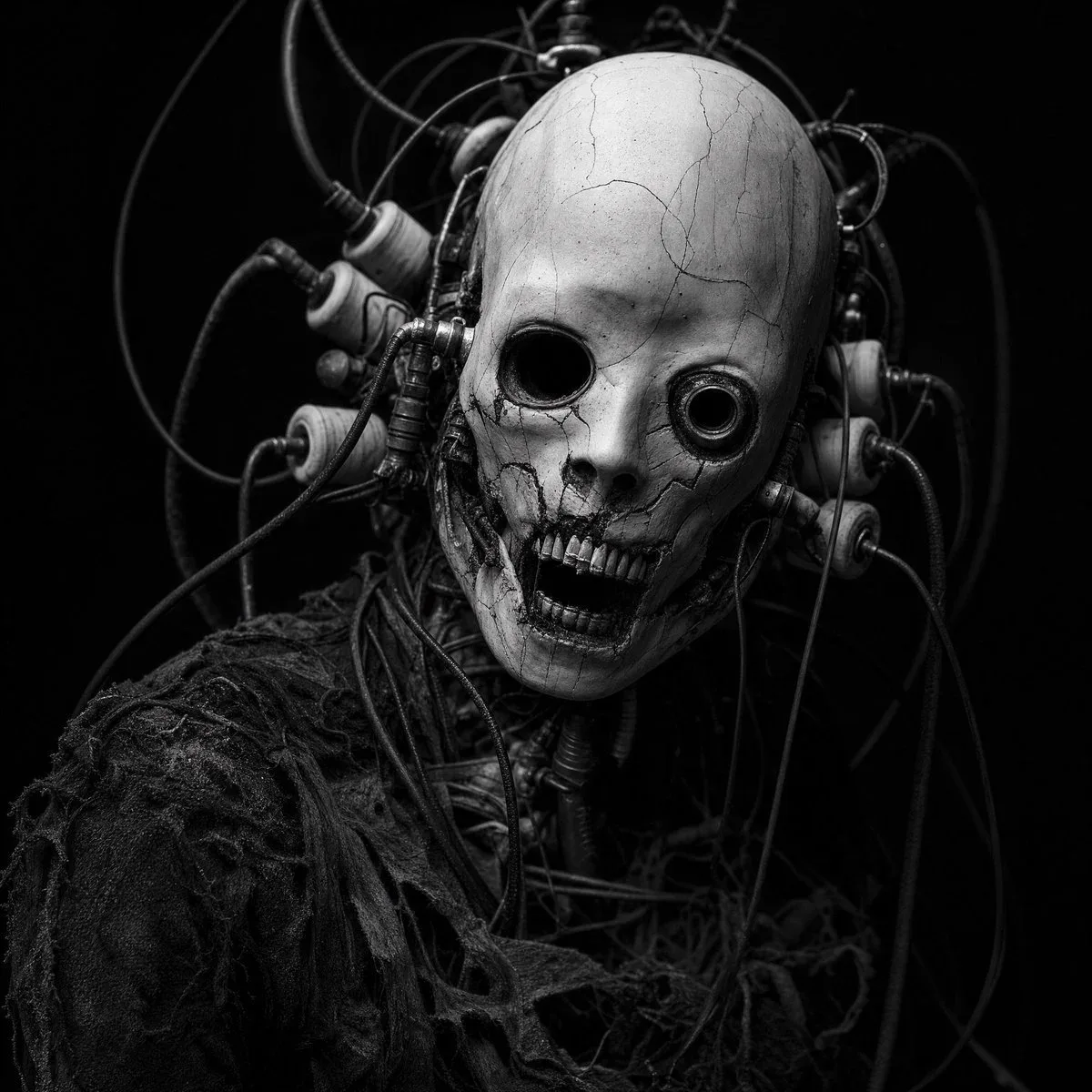 Black-and-white mechanical mask portrait