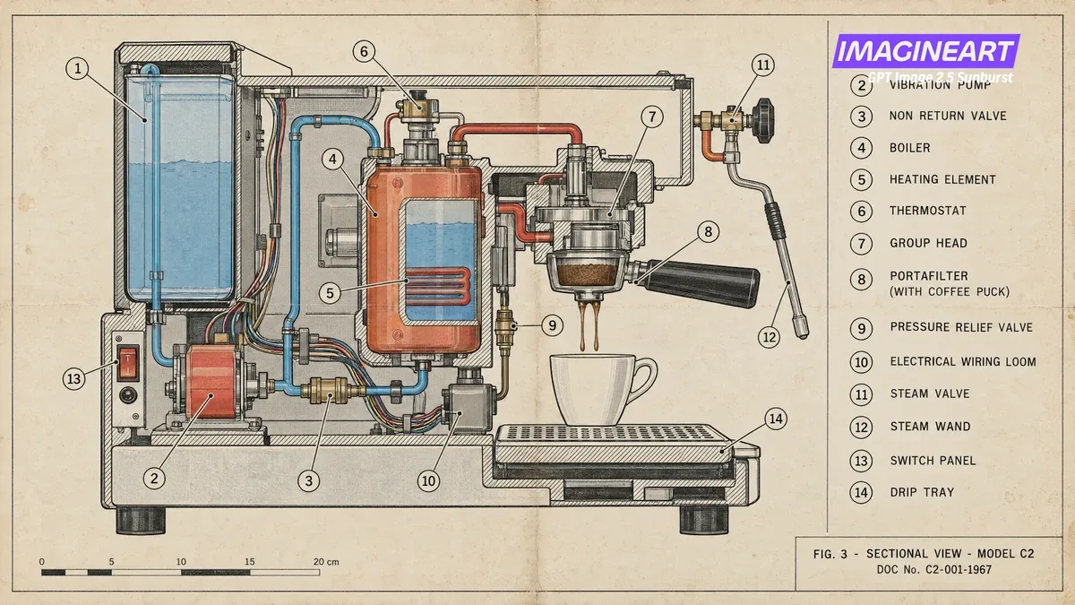 Dense frame: coffee machine service manual cutaway