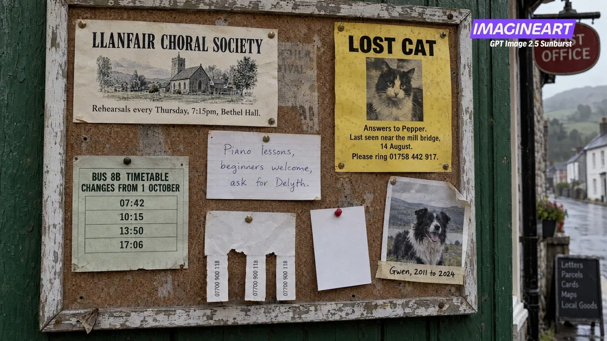 Dense frame: Welsh post office notice board