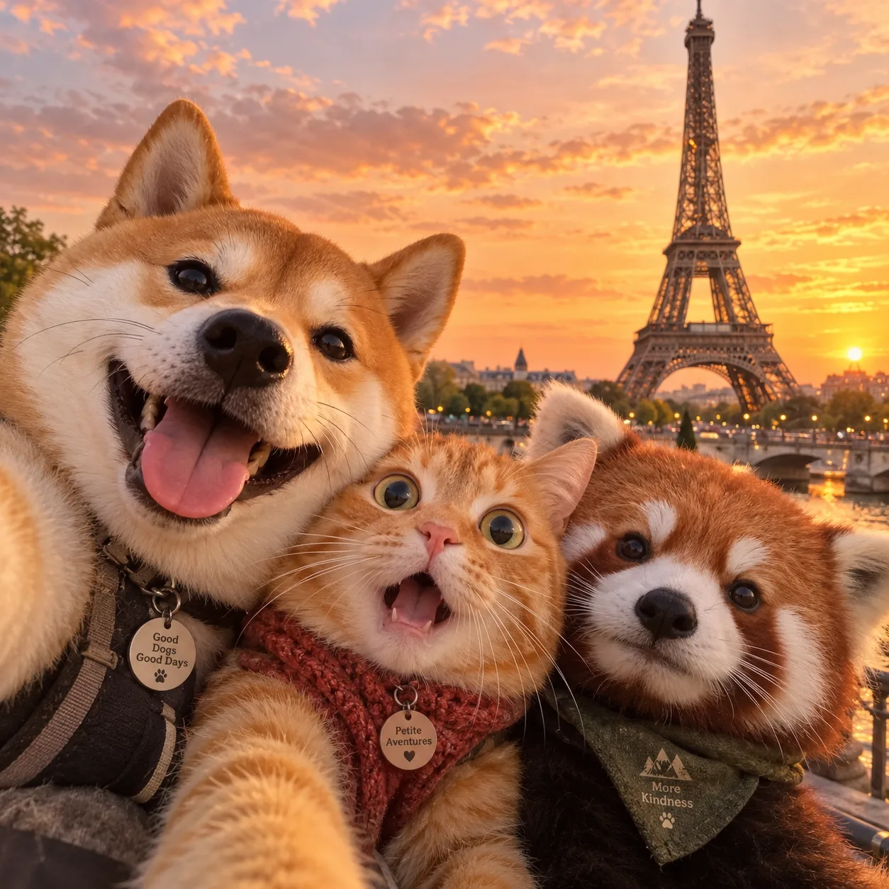 Selfie with three animals at a landmark