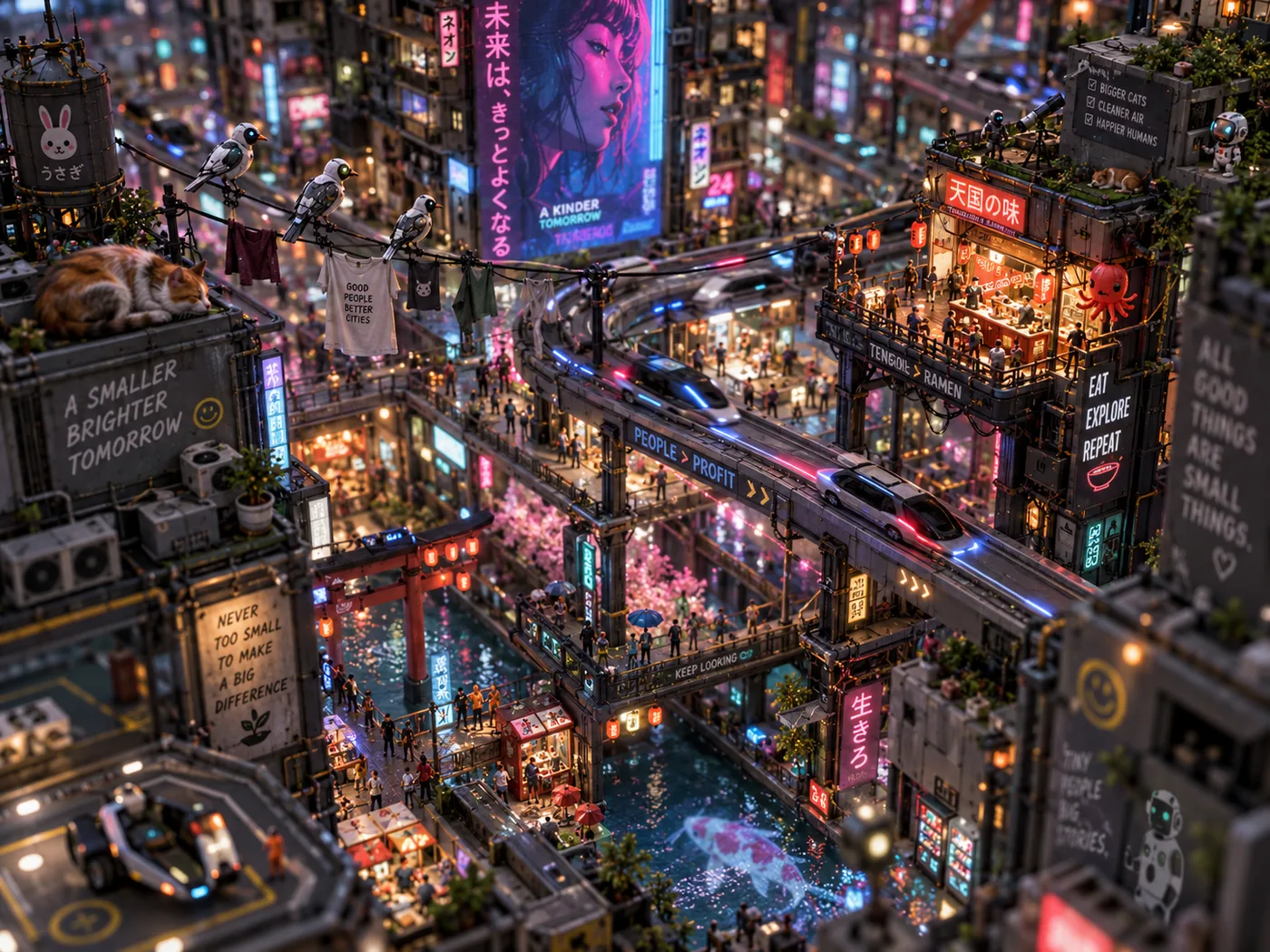 Miniature tilt-shift cyberpunk landscape