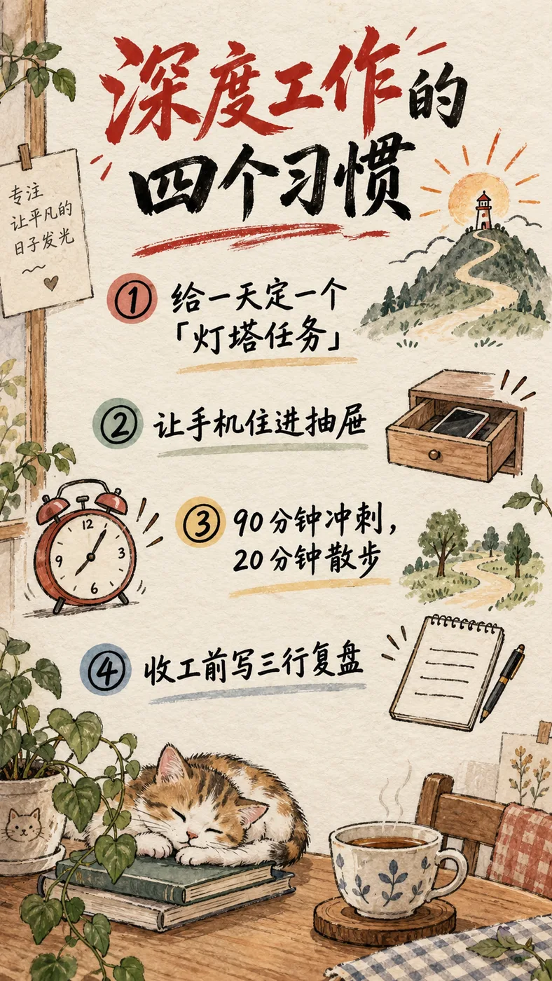 Hand-drawn infographic card: deep work
