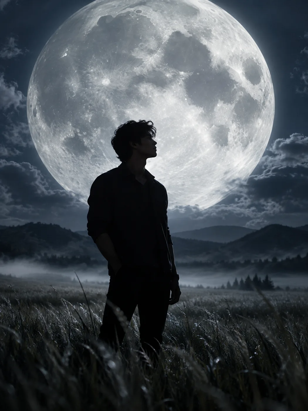 Night silhouette under a giant moon