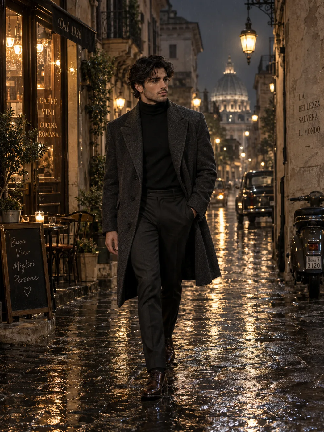 Cinematic portrait on a rainy European street