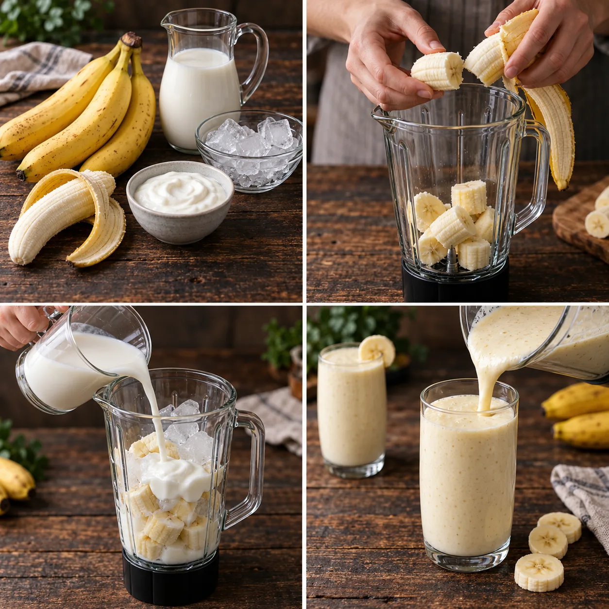 Four-panel banana smoothie recipe