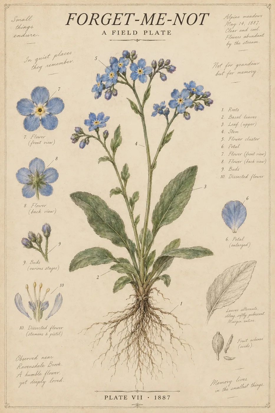 Vintage botanical forget-me-not poster