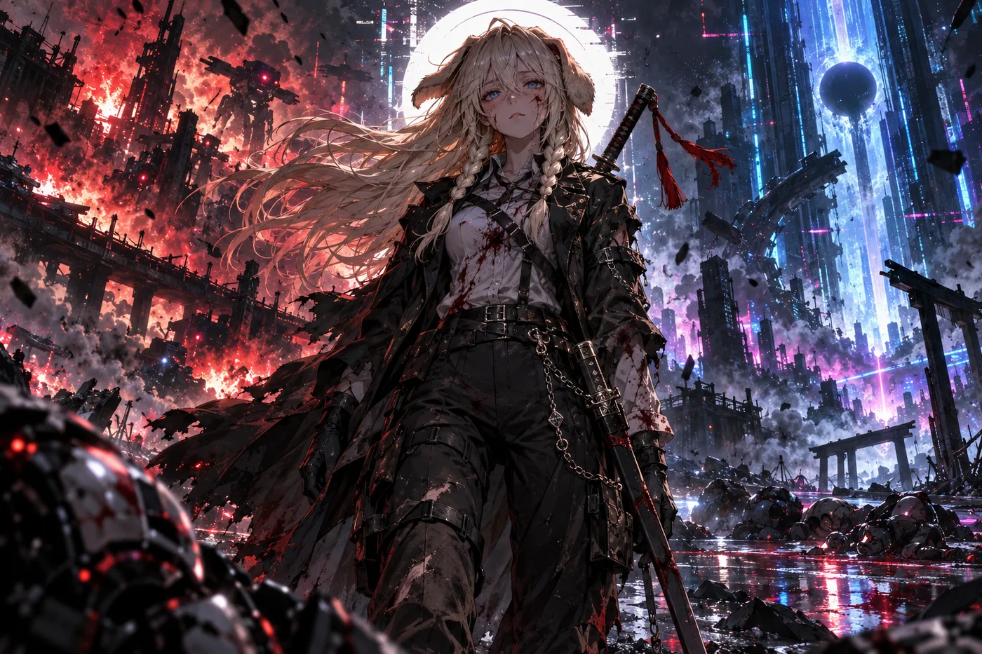 Cyberpunk dog-eared swordswoman