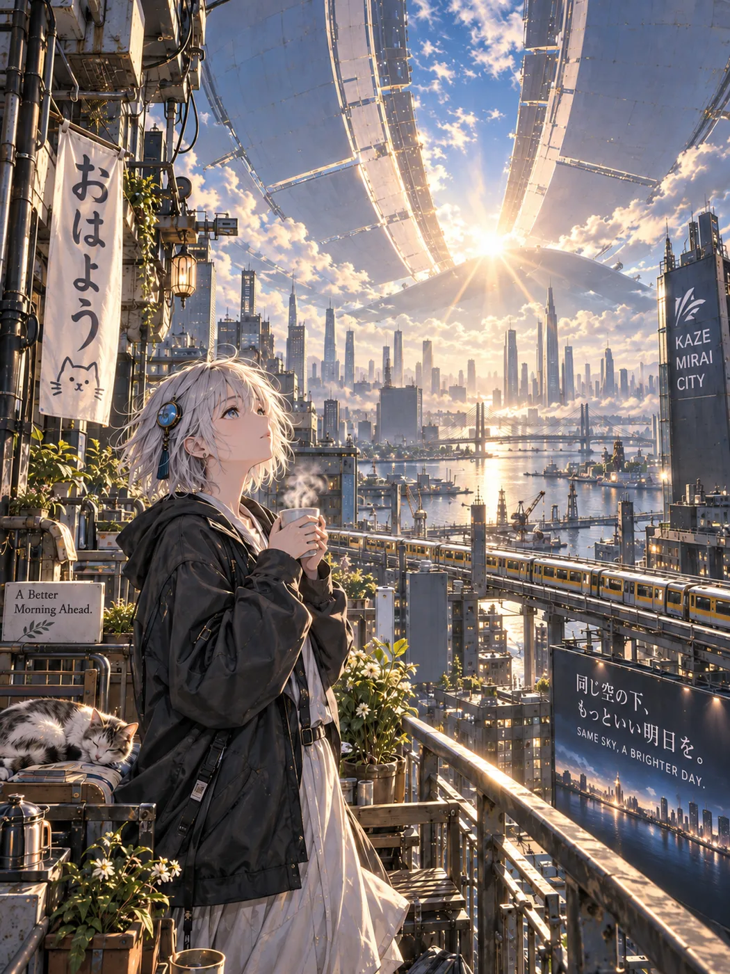 Anime city in morning sun flare