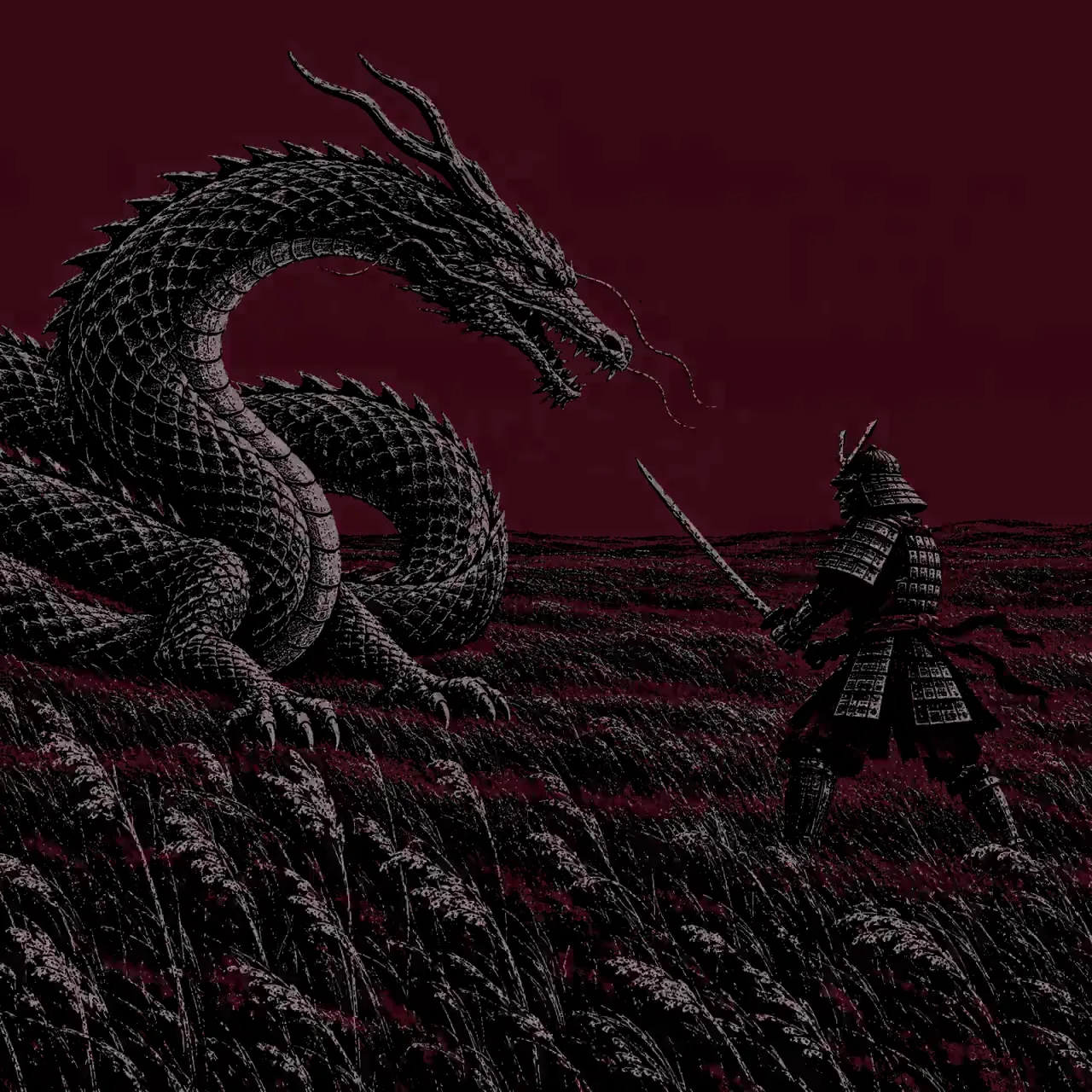 Japanese dragon versus samurai, xerox print style