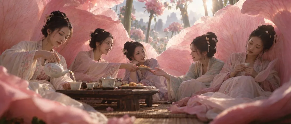 Tea party inside a giant peony