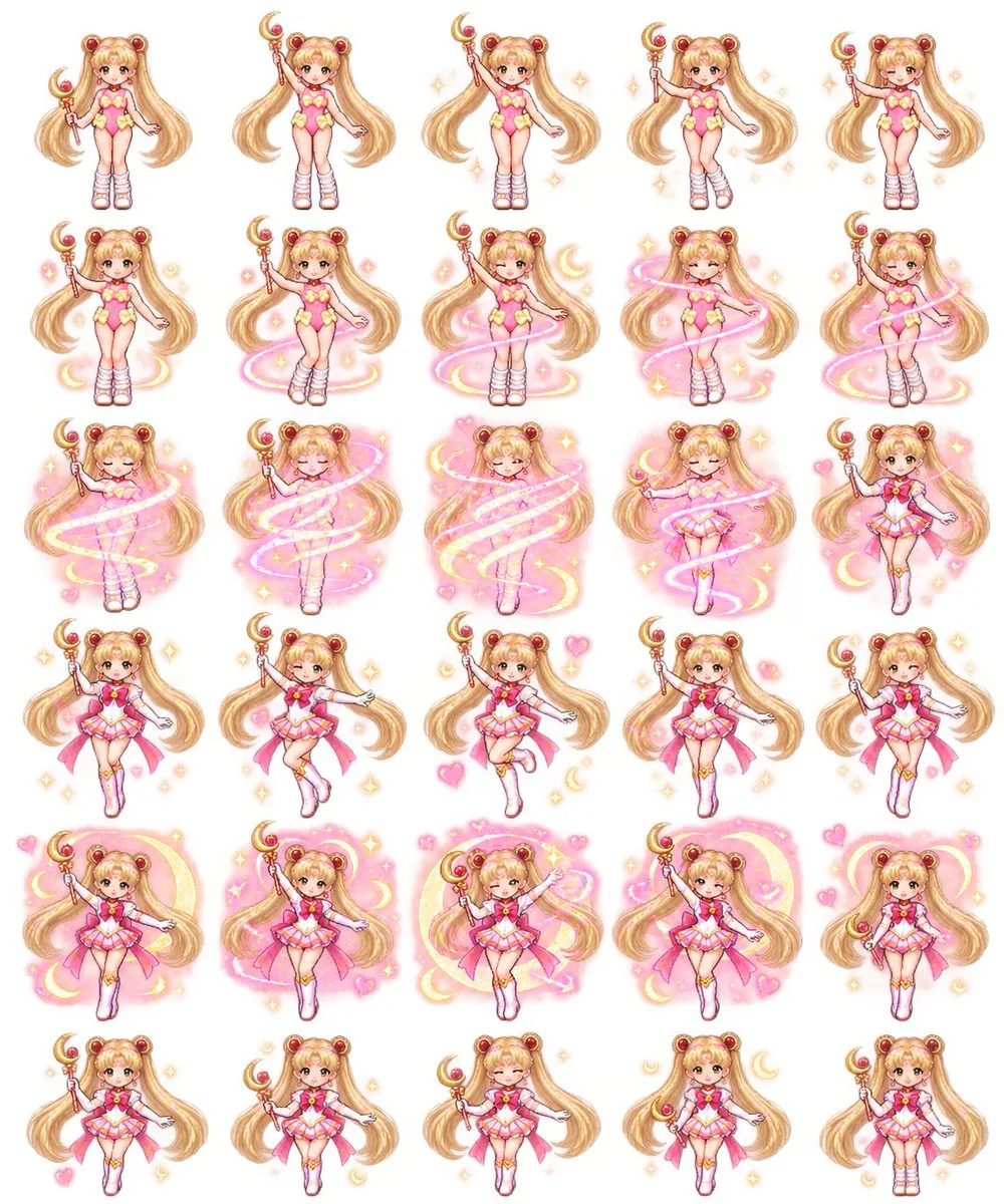 Magical-girl 30-frame transformation sheet