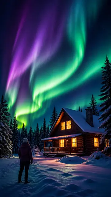 Northern Lights Cabin Night
