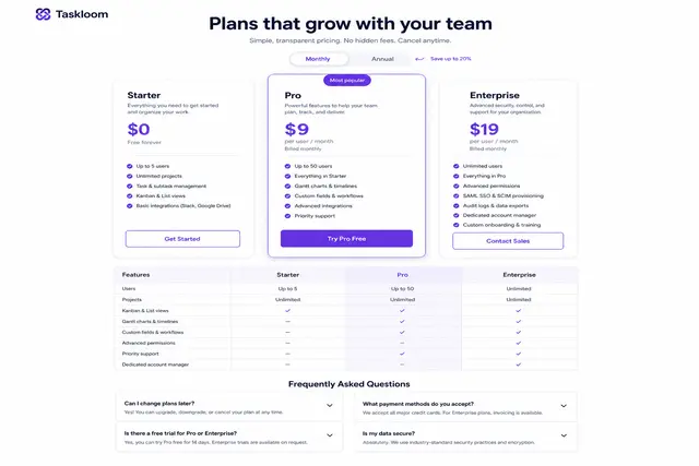 SaaS Pricing Page Layout