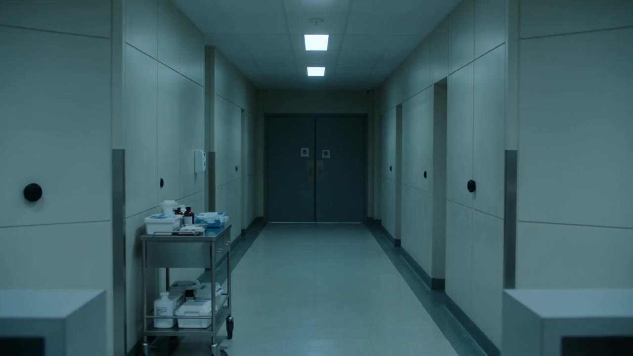 Suspense long take down an empty hospital corridor